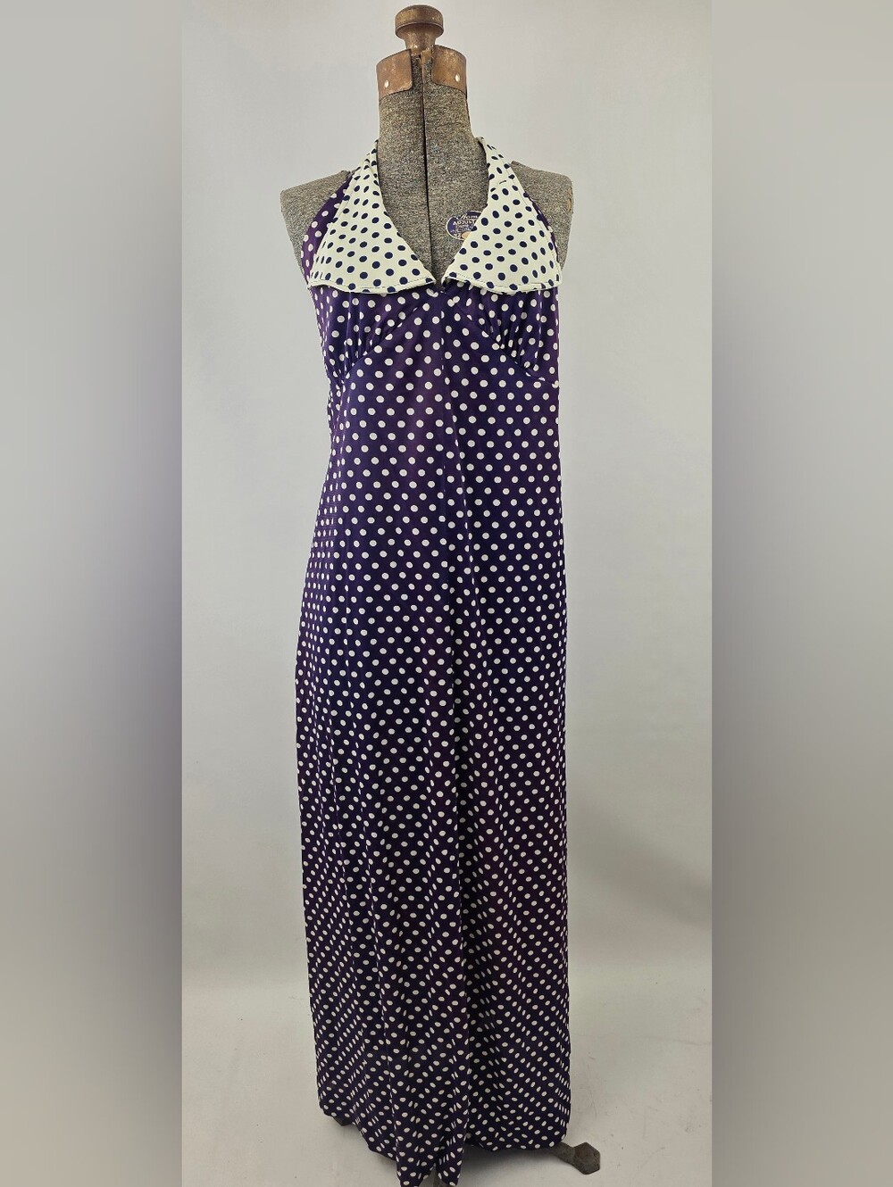 Lynda Ann Of California Vintage 70's Women's Purple White Polkadot Halter Maxi